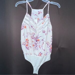 White and Pink Floral Bodysuit with Spaghetti Straps, Size S